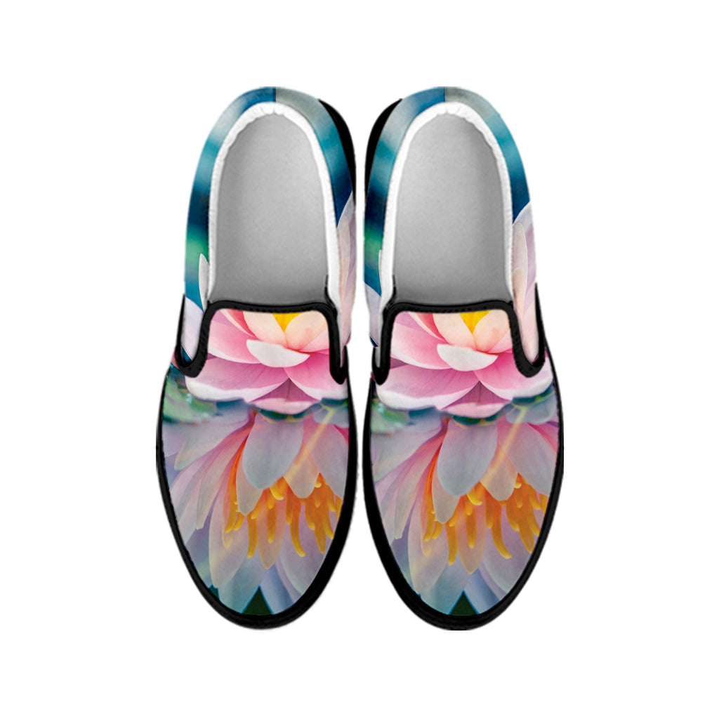 Pink Water Lily Print Black Slip On Shoes