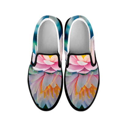 Pink Water Lily Print Black Slip On Shoes