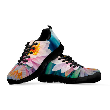 Pink Water Lily Print Black Sneakers