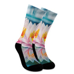 Pink Water Lily Print Crew Socks