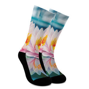 Pink Water Lily Print Crew Socks