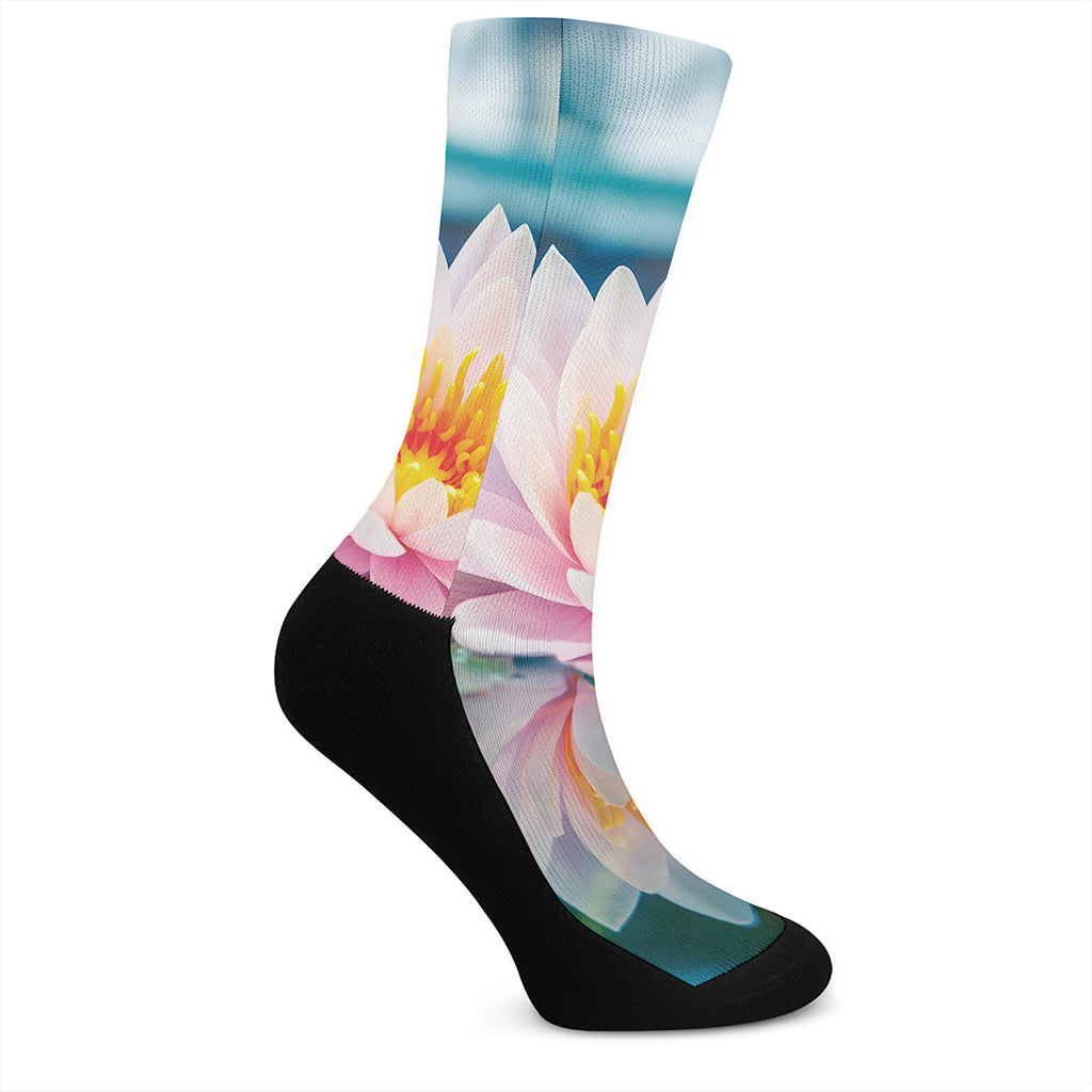 Pink Water Lily Print Crew Socks