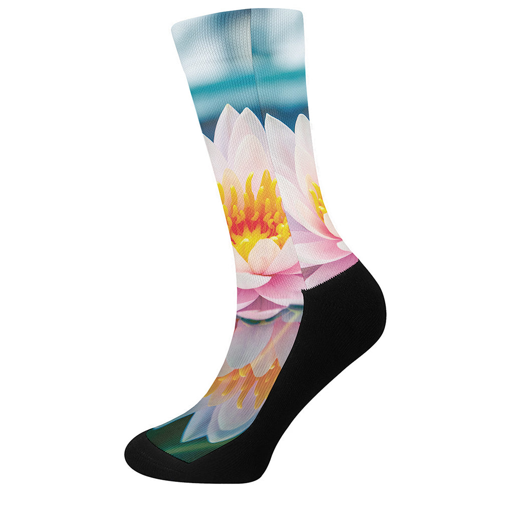 Pink Water Lily Print Crew Socks