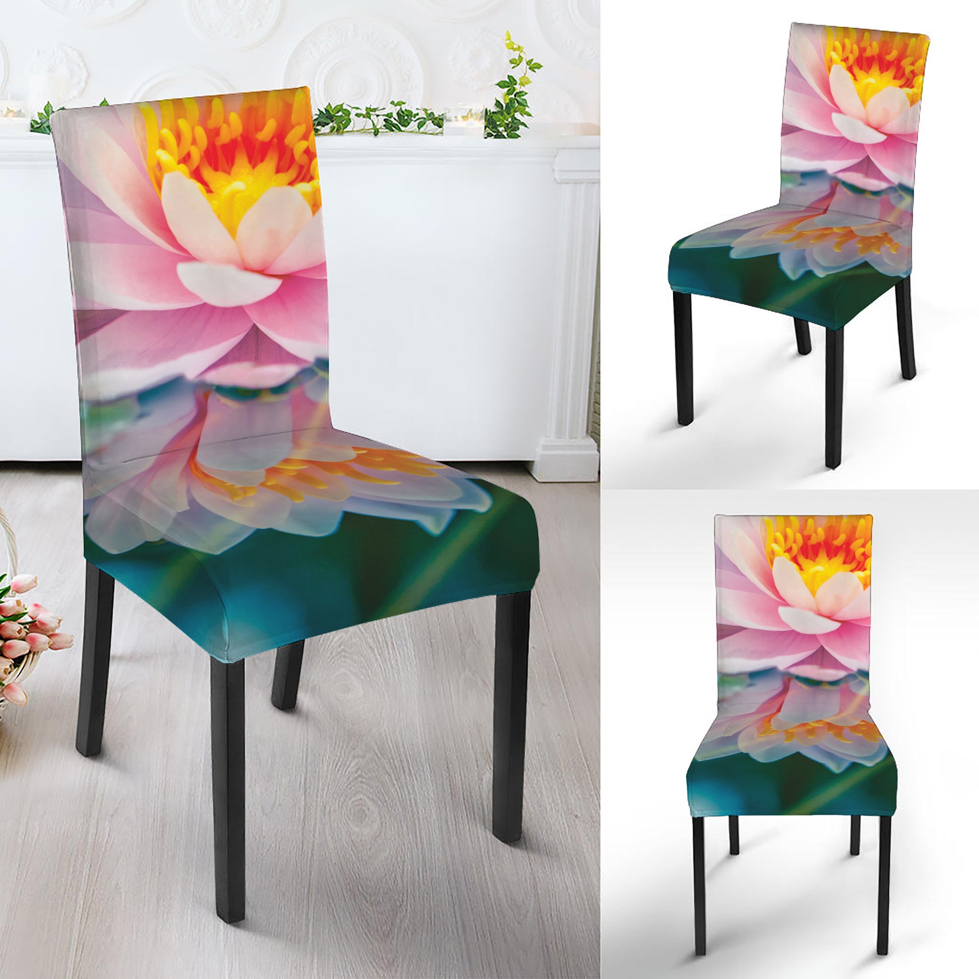 Pink Water Lily Print Dining Chair Slipcover