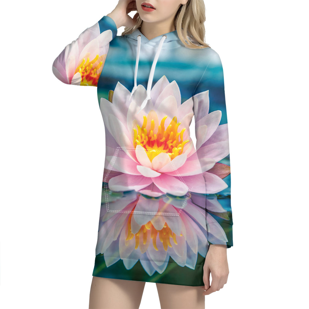 Pink Water Lily Print Hoodie Dress