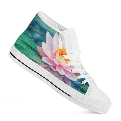 Pink Water Lily Print White High Top Shoes