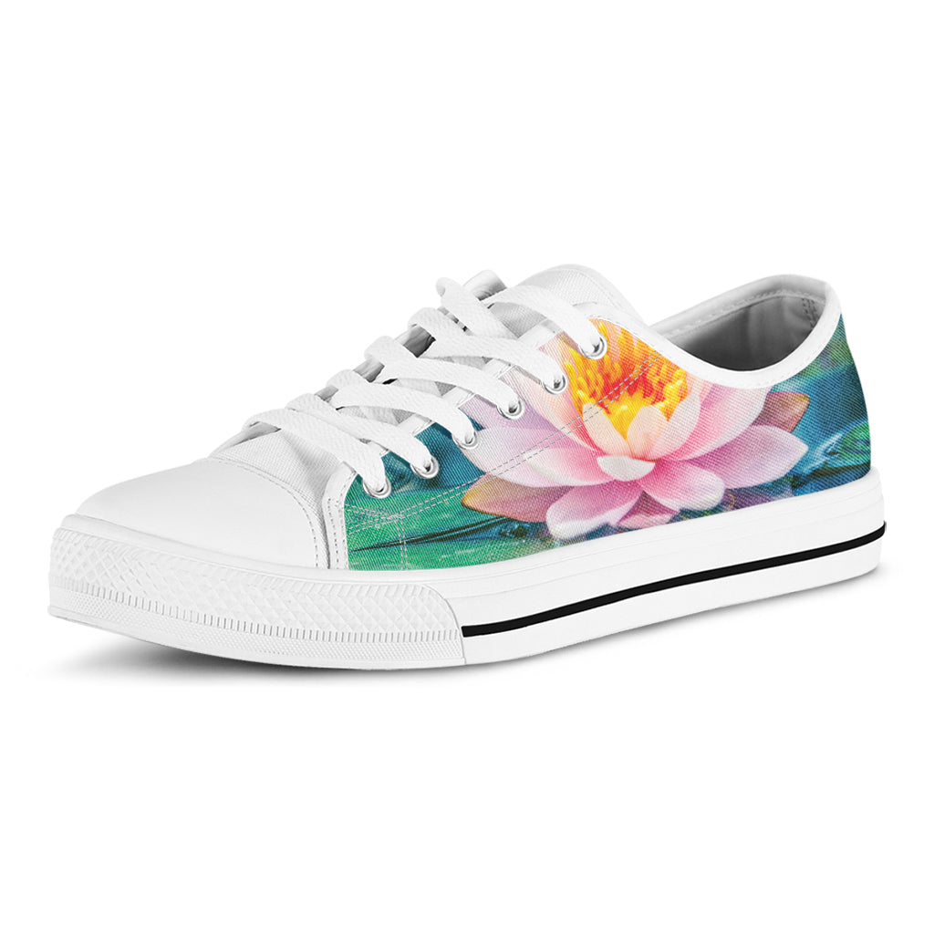 Pink Water Lily Print White Low Top Shoes