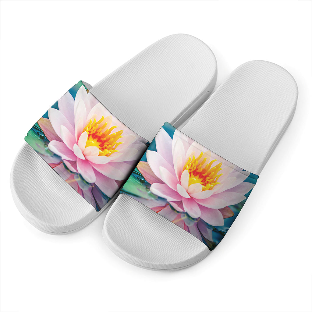 Pink Water Lily Print White Slide Sandals
