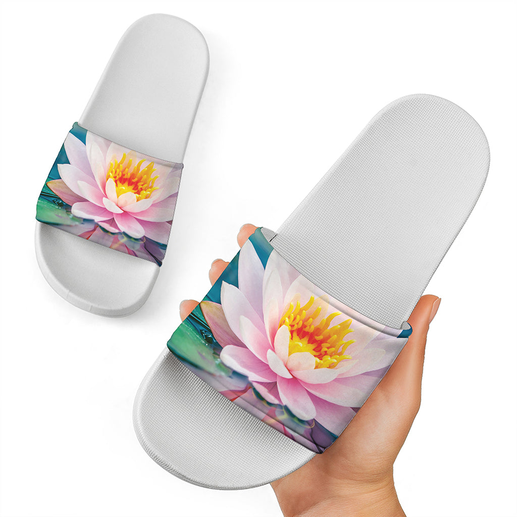 Pink Water Lily Print White Slide Sandals
