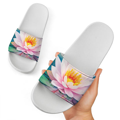 Pink Water Lily Print White Slide Sandals