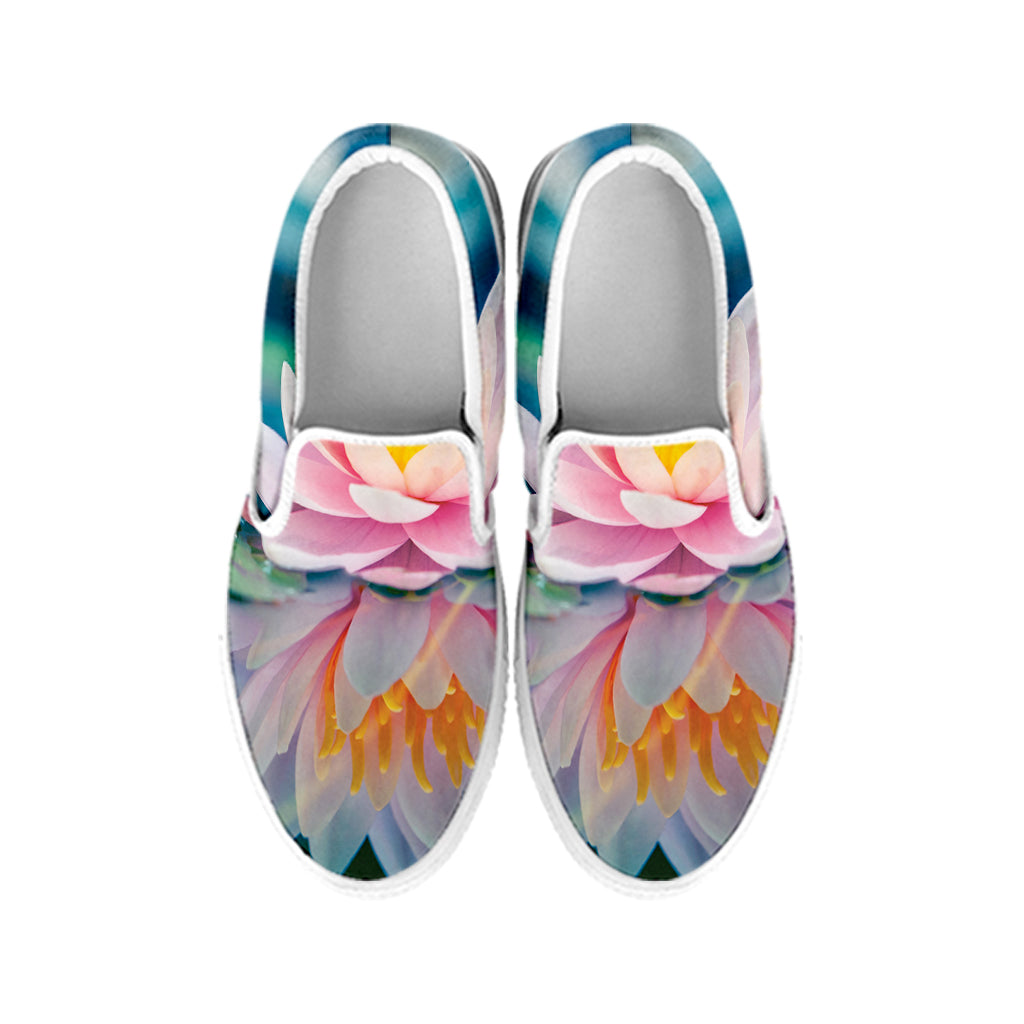 Pink Water Lily Print White Slip On Shoes