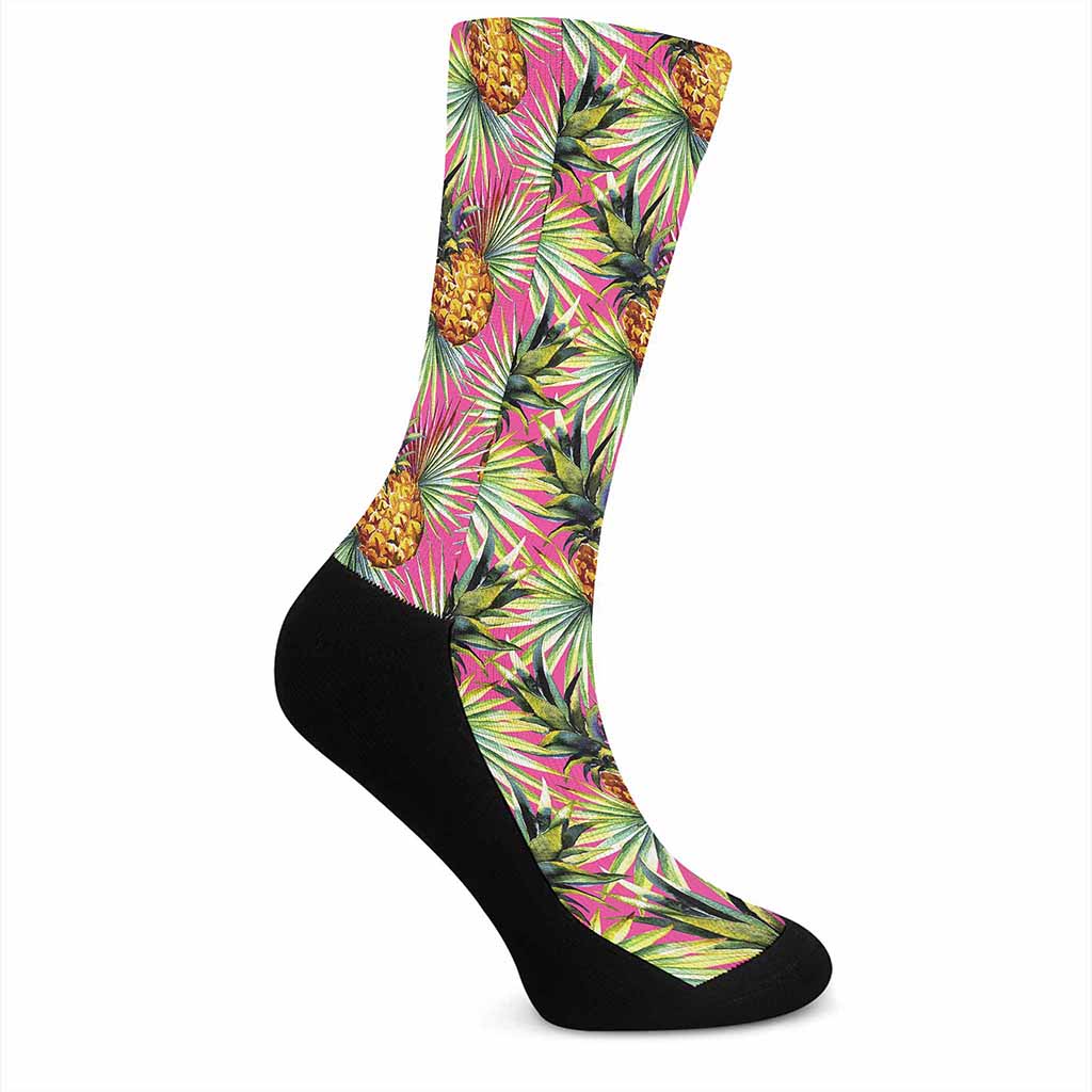 Pink Watercolor Pineapple Pattern Print Crew Socks