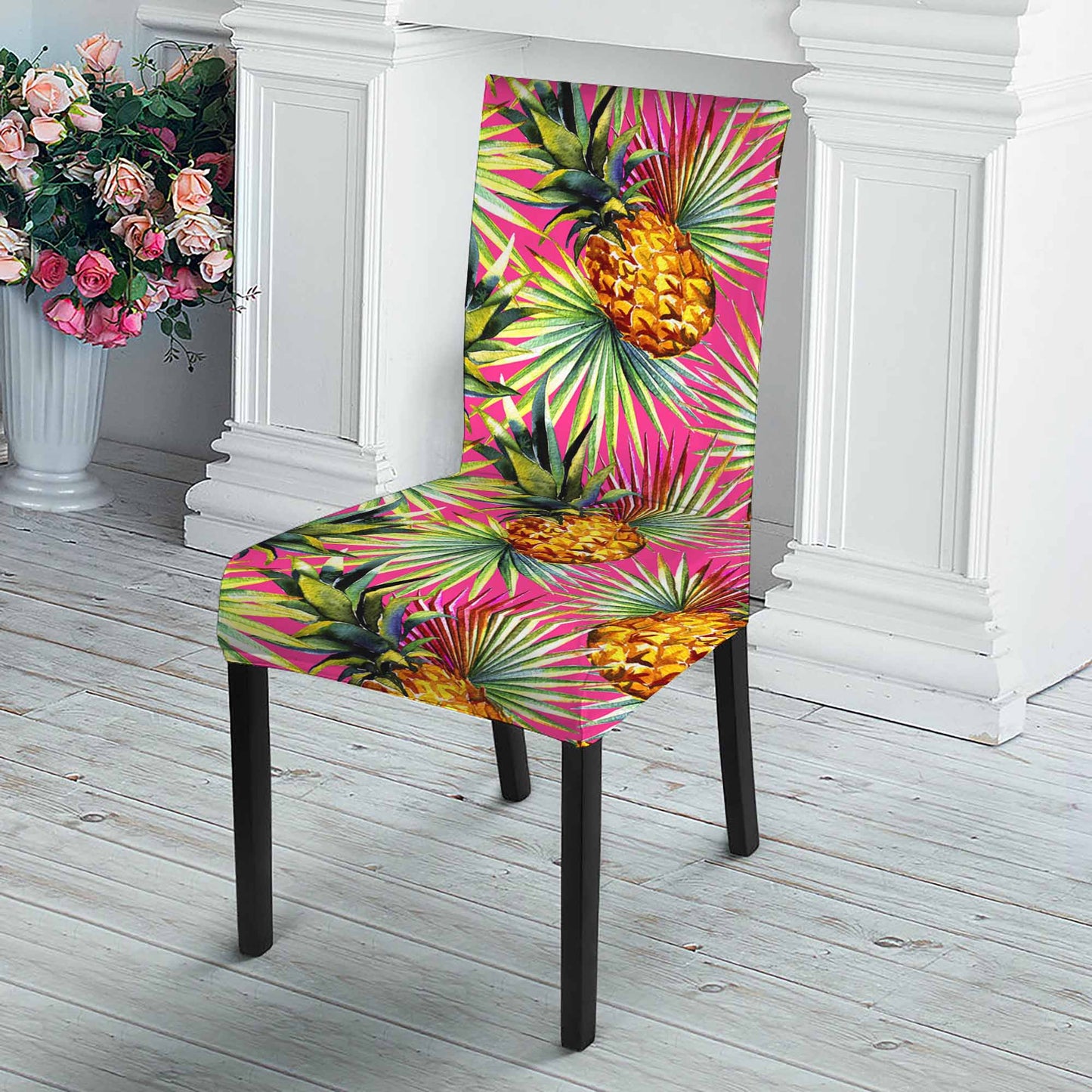 Pink Watercolor Pineapple Pattern Print Dining Chair Slipcover