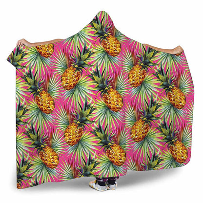 Pink Watercolor Pineapple Pattern Print Hooded Blanket