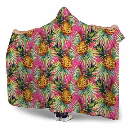 Pink Watercolor Pineapple Pattern Print Hooded Blanket
