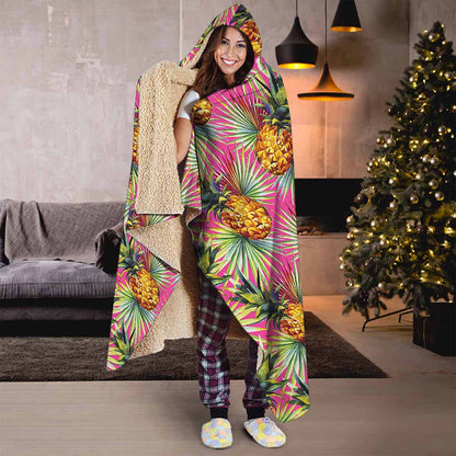 Pink Watercolor Pineapple Pattern Print Hooded Blanket