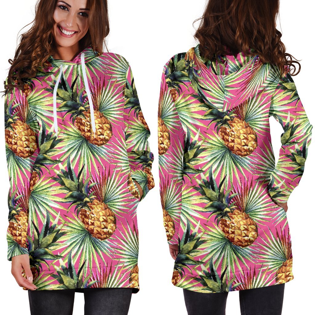 Pink Watercolor Pineapple Pattern Print Hoodie Dress GearFrost