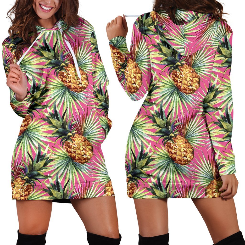 Pink Watercolor Pineapple Pattern Print Hoodie Dress GearFrost