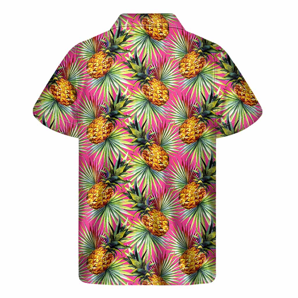 Pink Watercolor Pineapple Pattern Print Men's Short Sleeve Shirt