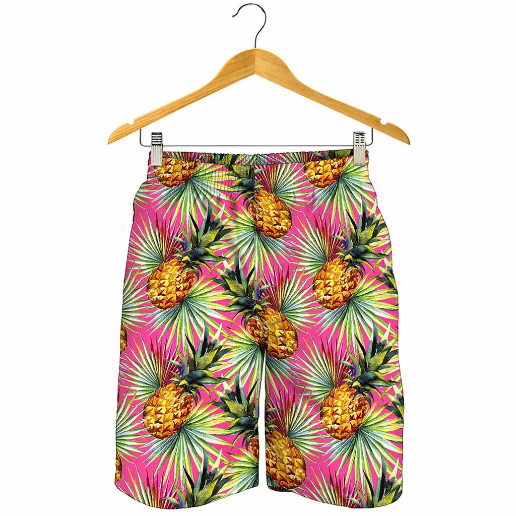 Pink Watercolor Pineapple Pattern Print Men's Shorts