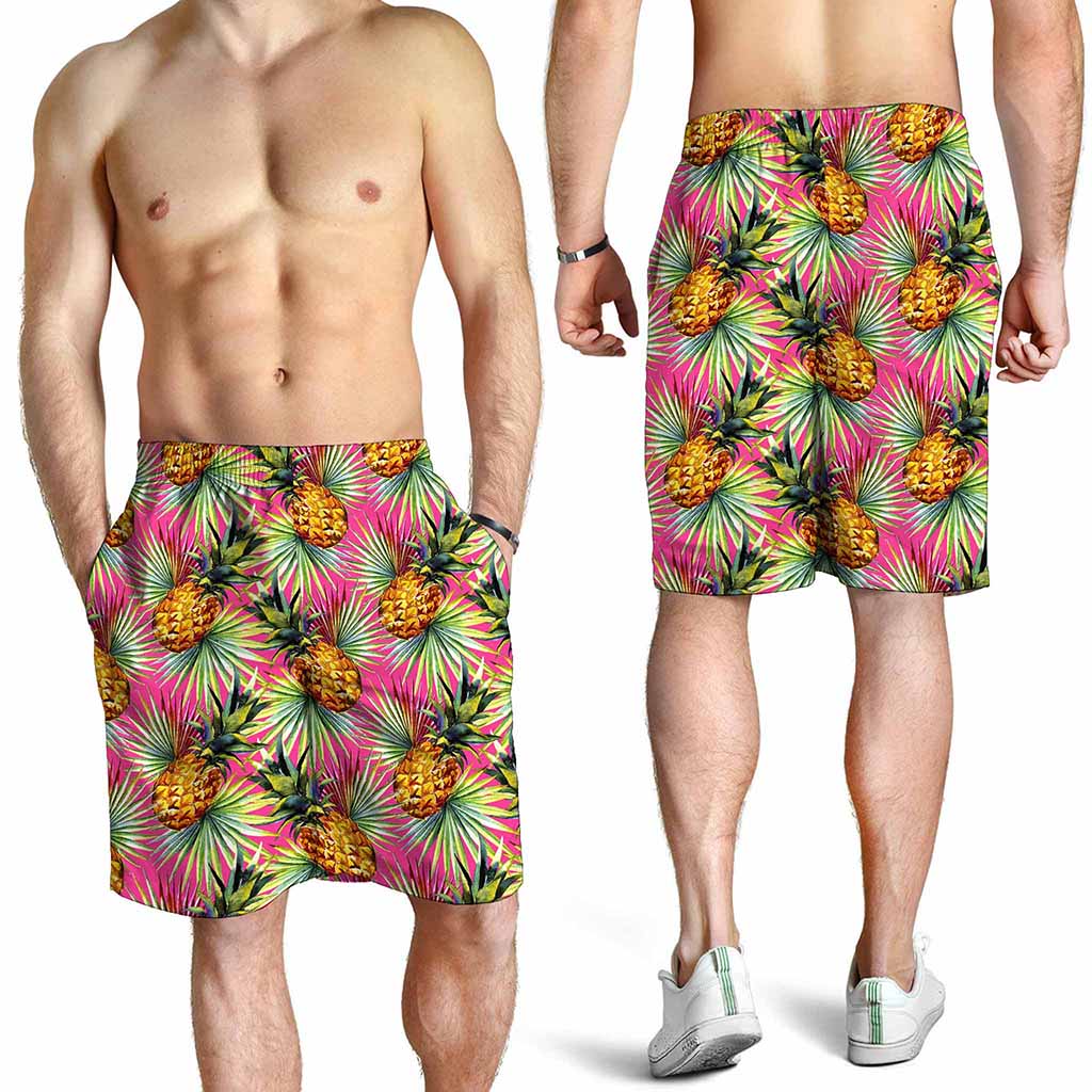 Pink Watercolor Pineapple Pattern Print Men's Shorts