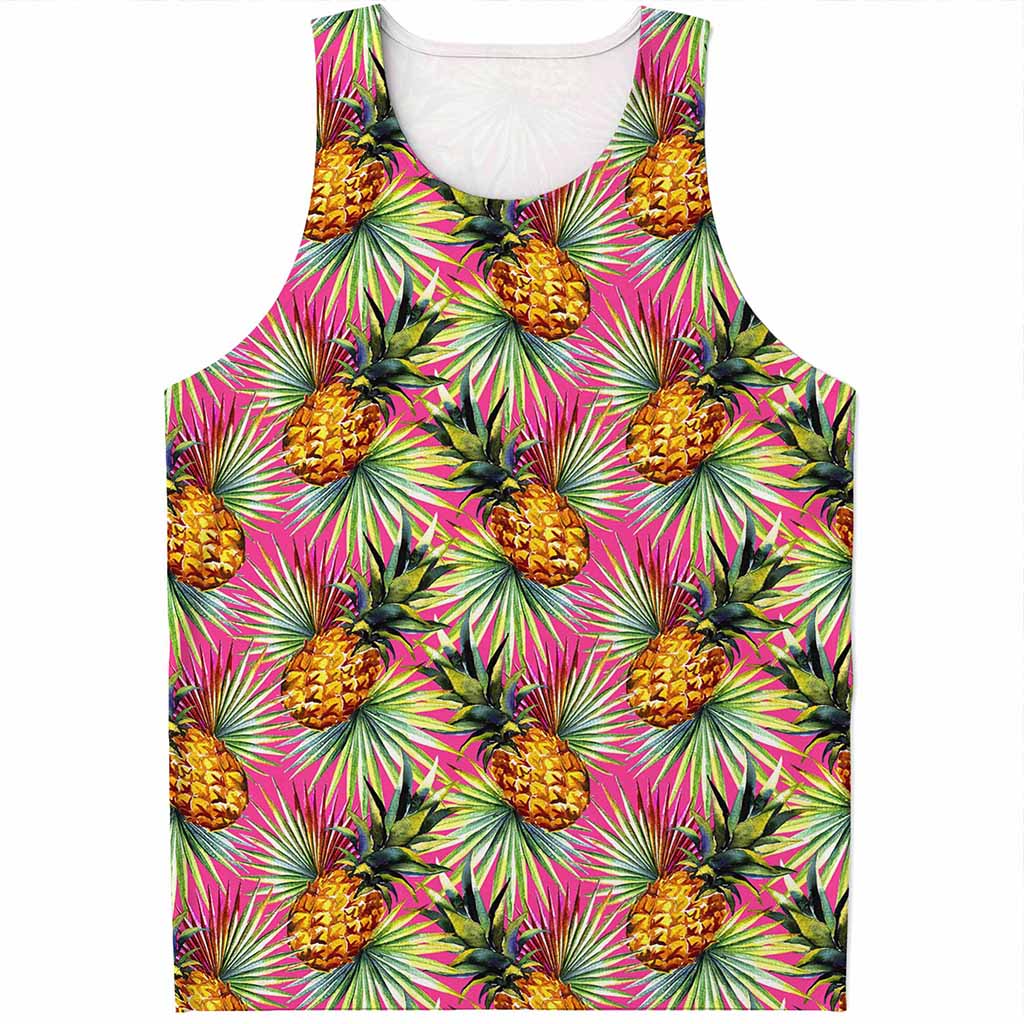 Pink Watercolor Pineapple Pattern Print Men's Tank Top