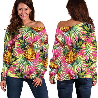 Pink Watercolor Pineapple Pattern Print Off Shoulder Sweatshirt GearFrost