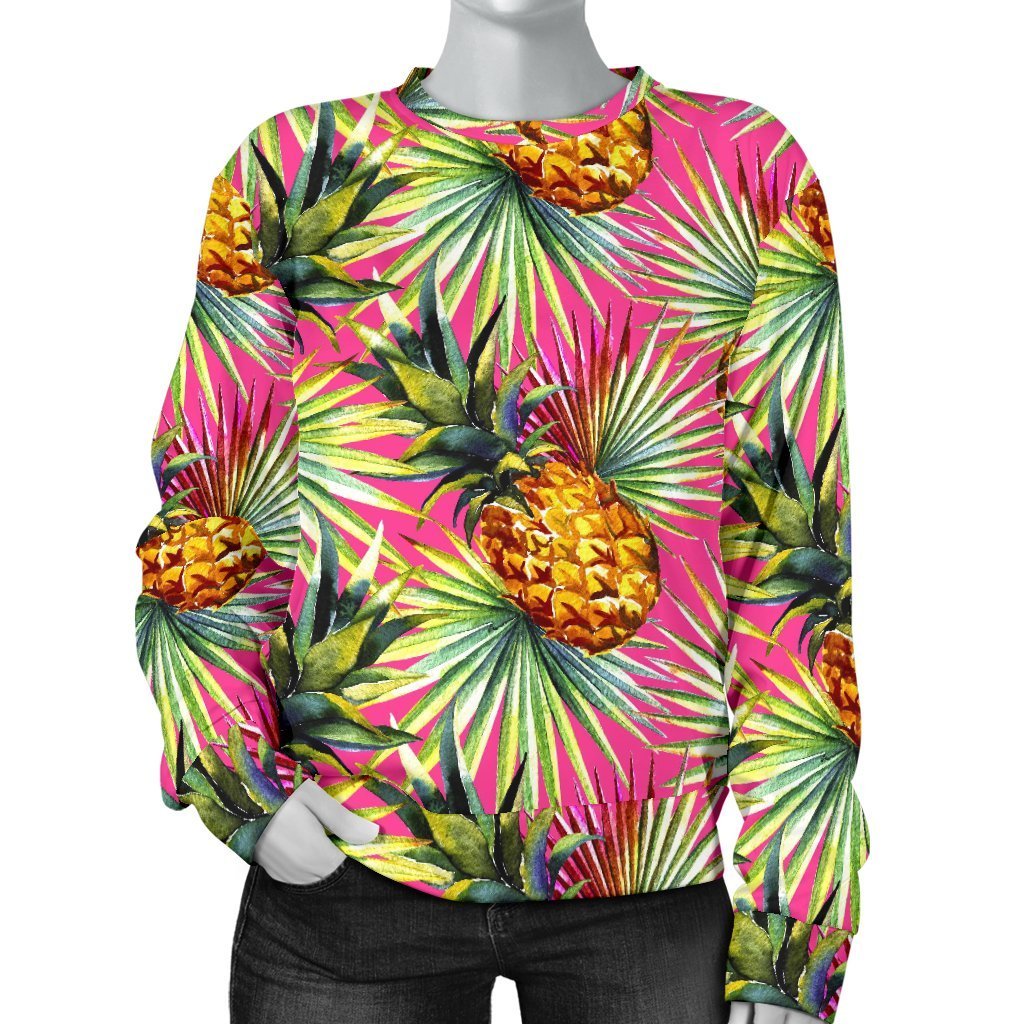 Pink Watercolor Pineapple Pattern Print Women's Crewneck Sweatshirt GearFrost