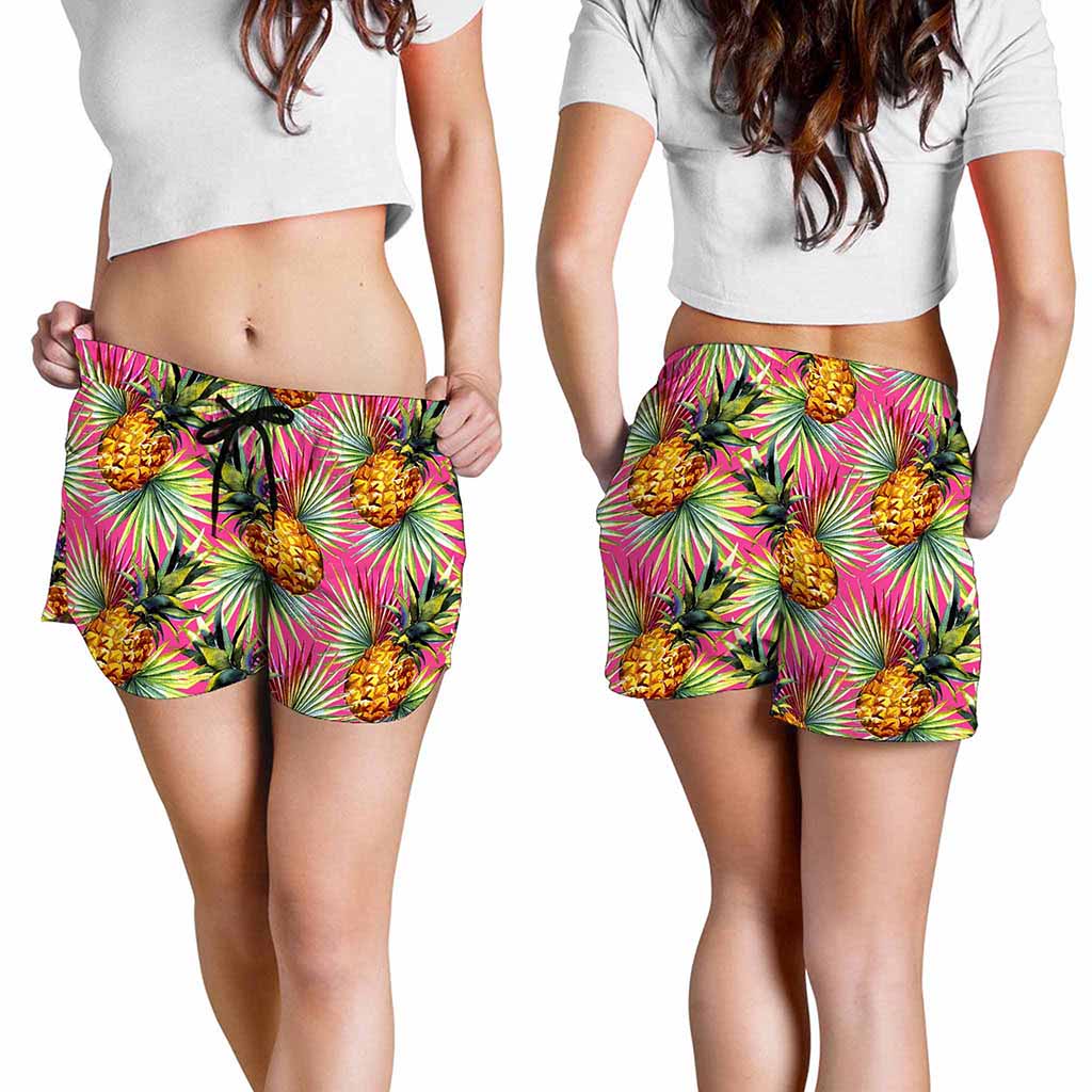 Pink Watercolor Pineapple Pattern Print Women's Shorts