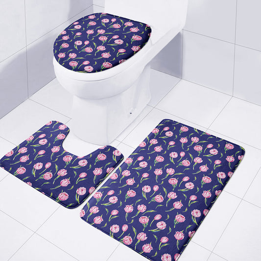 Pink Watercolor Tulip Flower Print 3 Piece Bath Mat Set