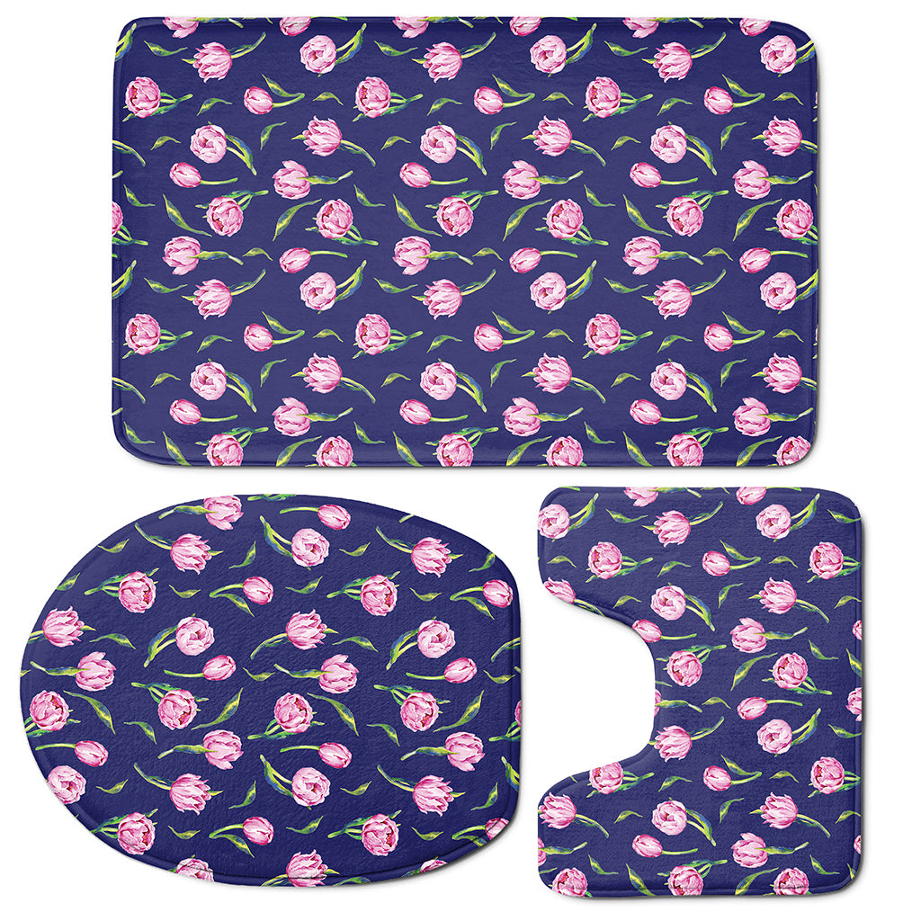 Pink Watercolor Tulip Flower Print 3 Piece Bath Mat Set