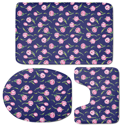 Pink Watercolor Tulip Flower Print 3 Piece Bath Mat Set
