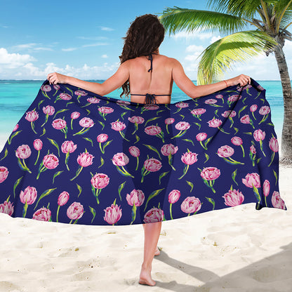 Pink Watercolor Tulip Flower Print Beach Sarong Wrap
