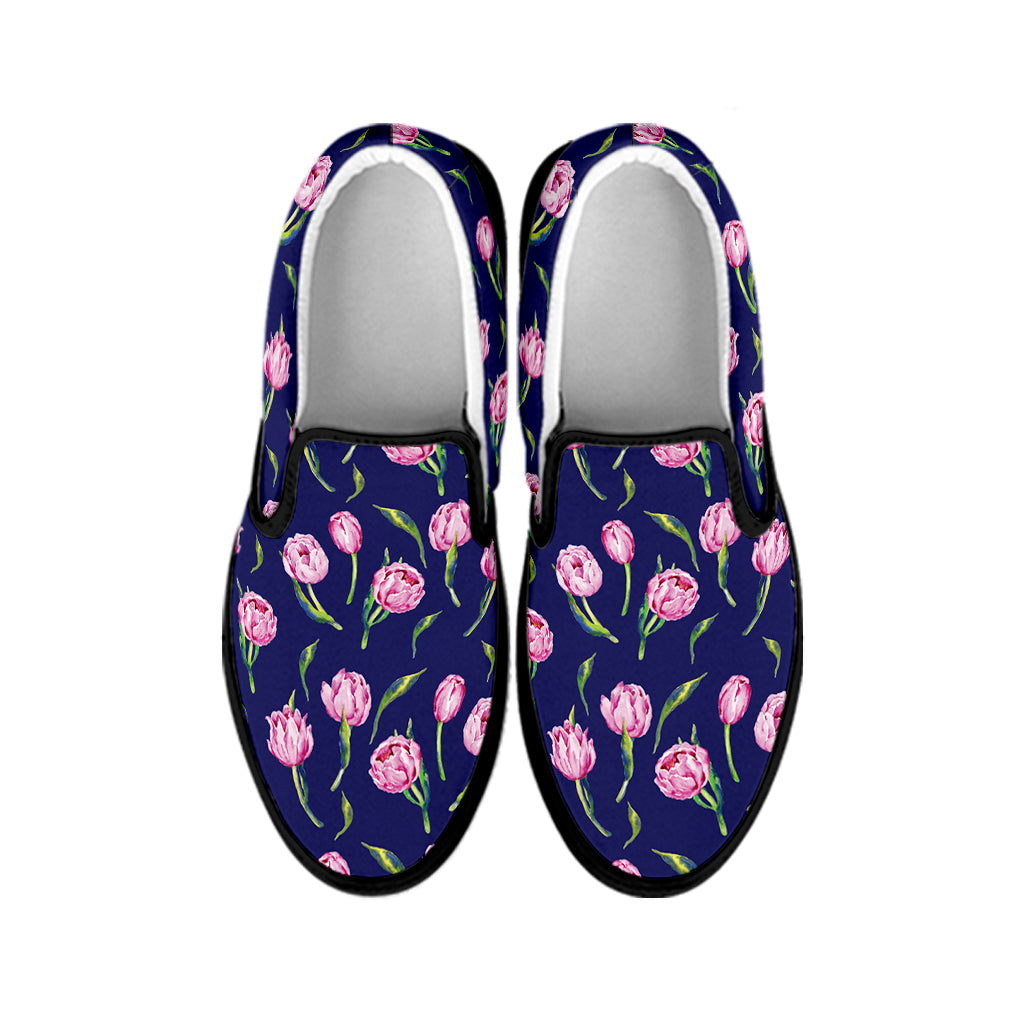 Pink Watercolor Tulip Flower Print Black Slip On Shoes