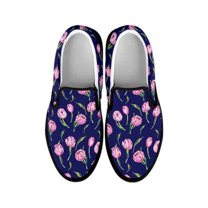 Pink Watercolor Tulip Flower Print Black Slip On Shoes