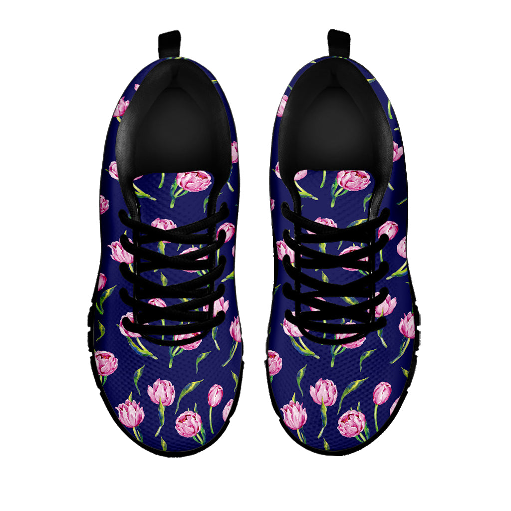 Pink Watercolor Tulip Flower Print Black Sneakers