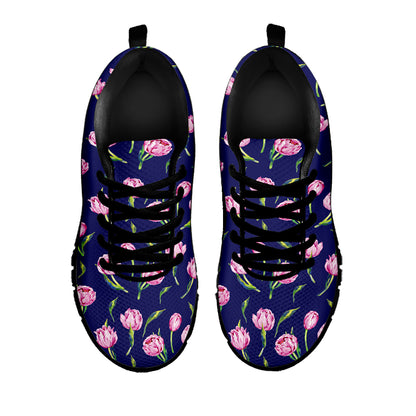 Pink Watercolor Tulip Flower Print Black Sneakers