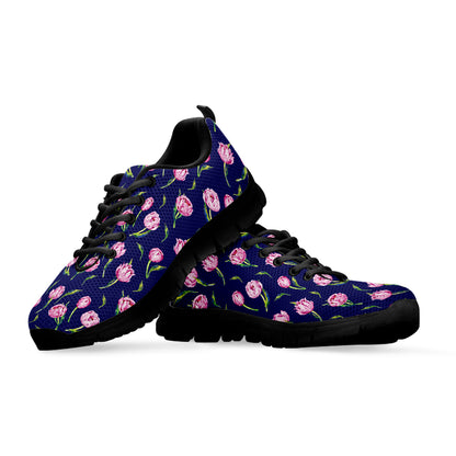Pink Watercolor Tulip Flower Print Black Sneakers