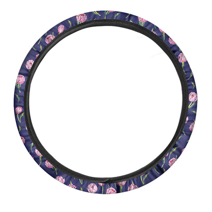 Pink Watercolor Tulip Flower Print Car Steering Wheel Cover