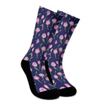 Pink Watercolor Tulip Flower Print Crew Socks