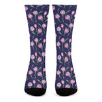 Pink Watercolor Tulip Flower Print Crew Socks