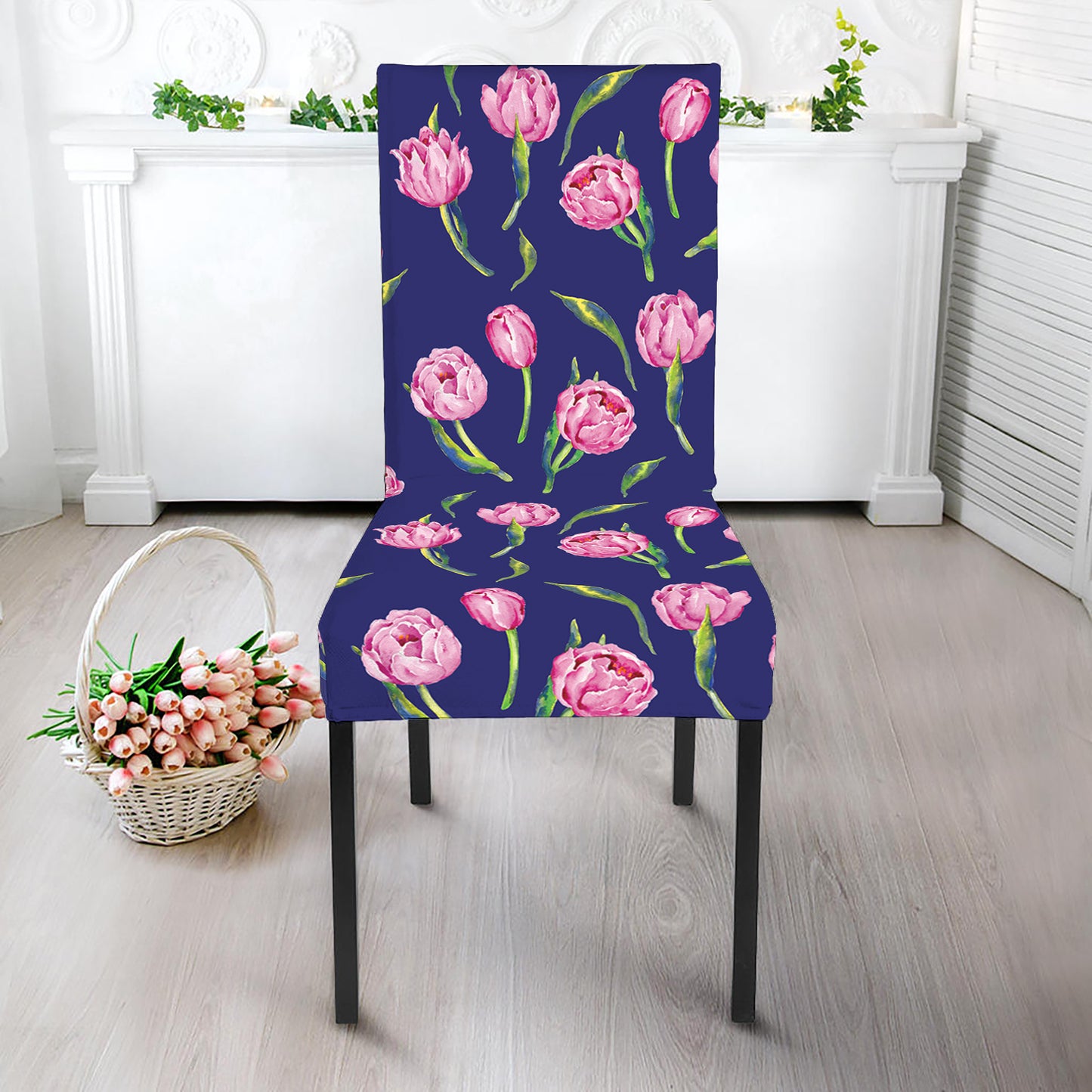 Pink Watercolor Tulip Flower Print Dining Chair Slipcover