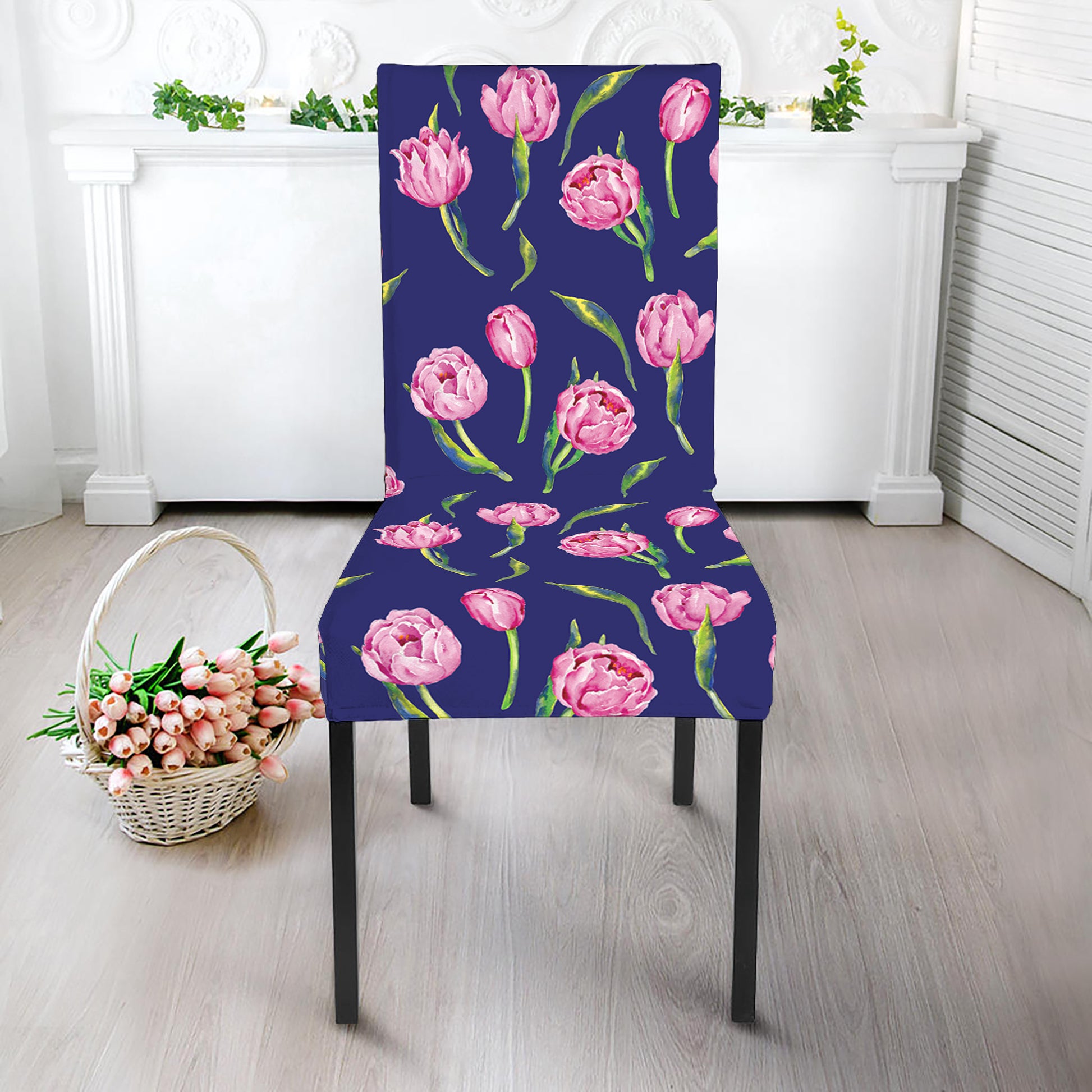 Pink Watercolor Tulip Flower Print Dining Chair Slipcover