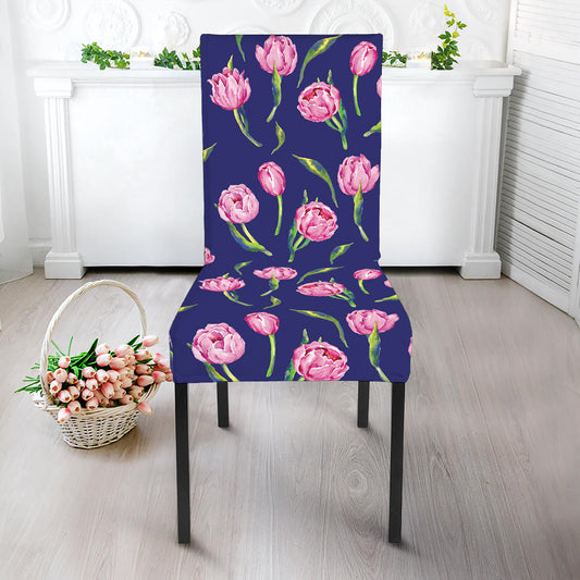 Pink Watercolor Tulip Flower Print Dining Chair Slipcover