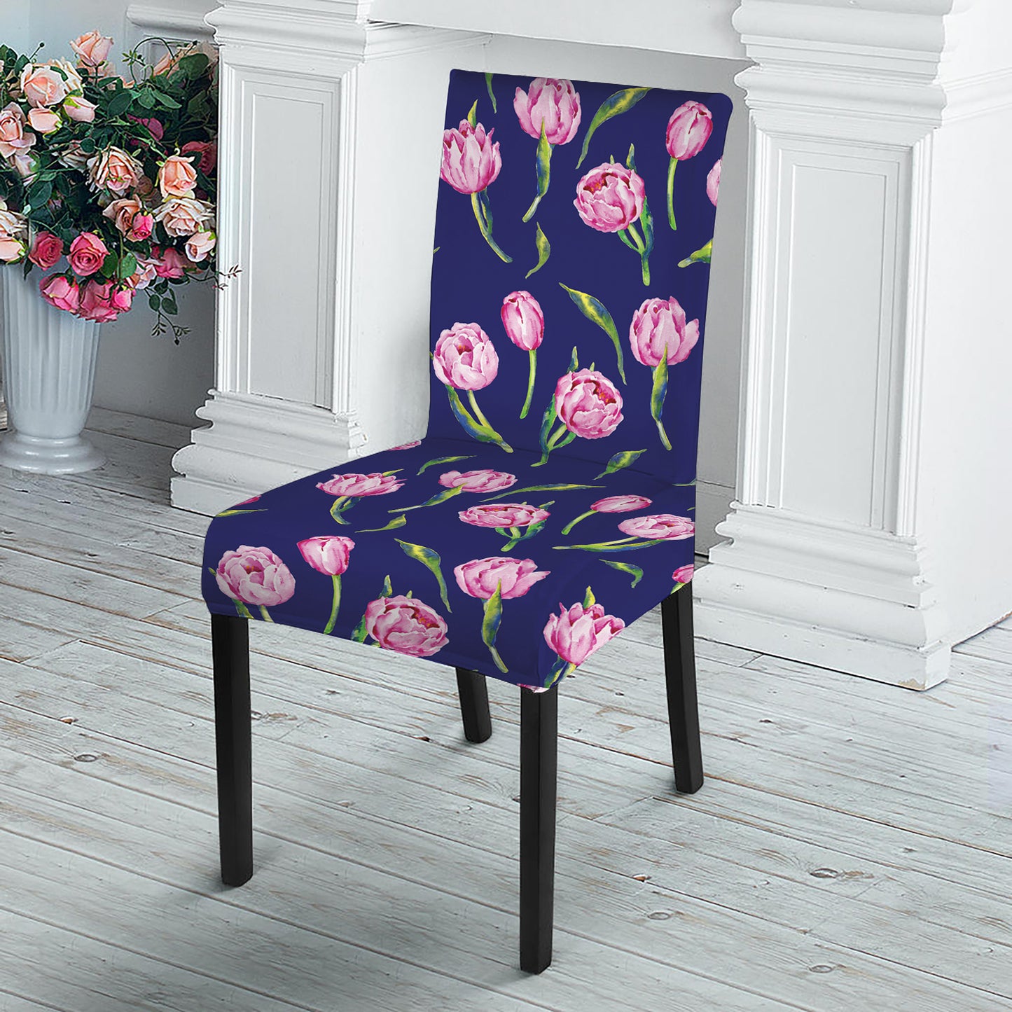 Pink Watercolor Tulip Flower Print Dining Chair Slipcover