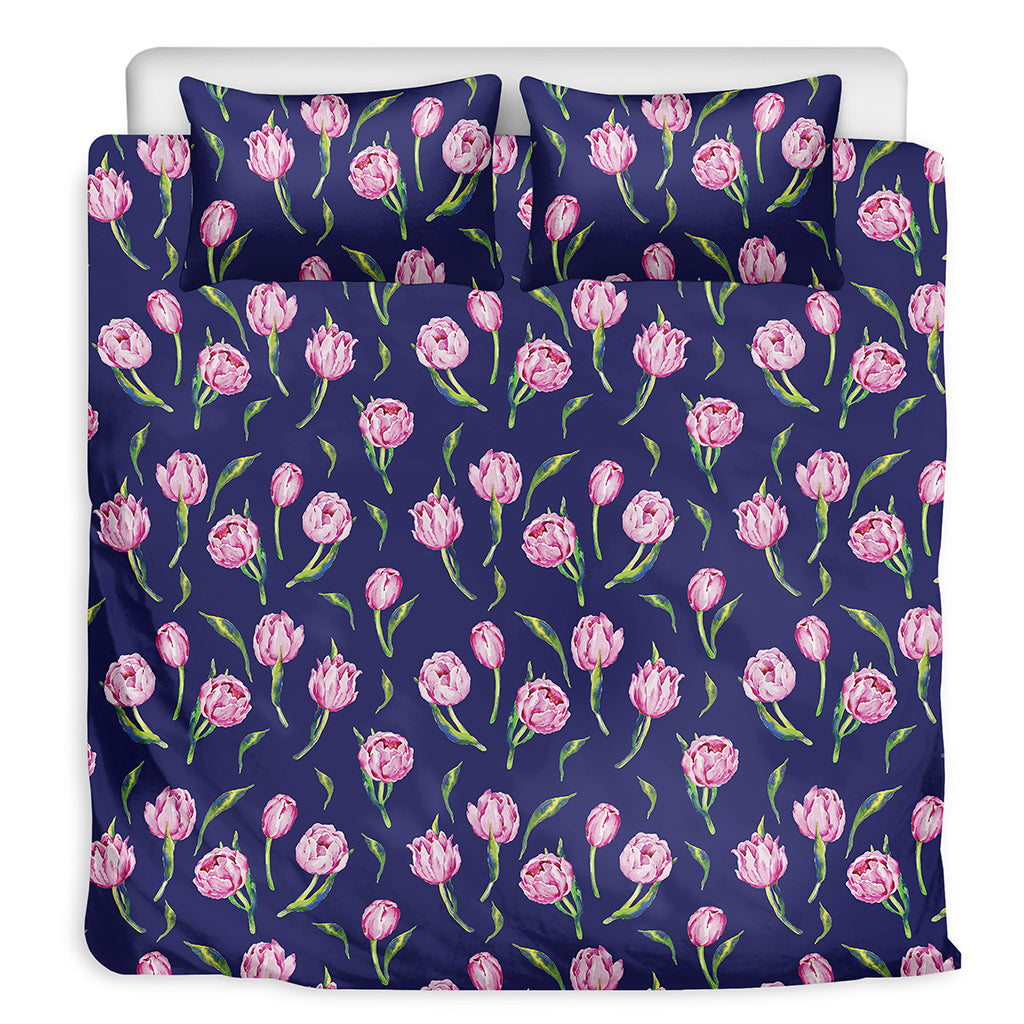 Pink Watercolor Tulip Flower Print Duvet Cover Bedding Set