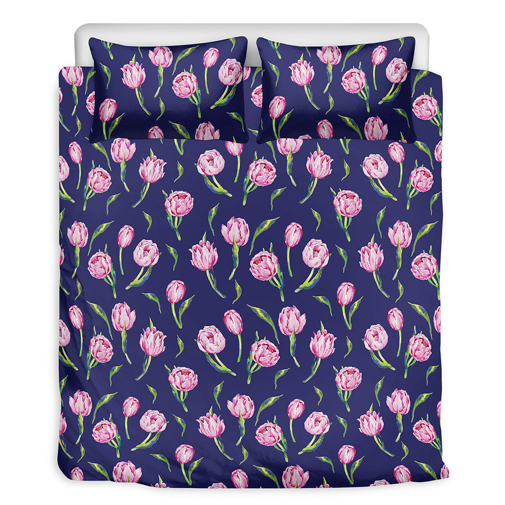 Pink Watercolor Tulip Flower Print Duvet Cover Bedding Set