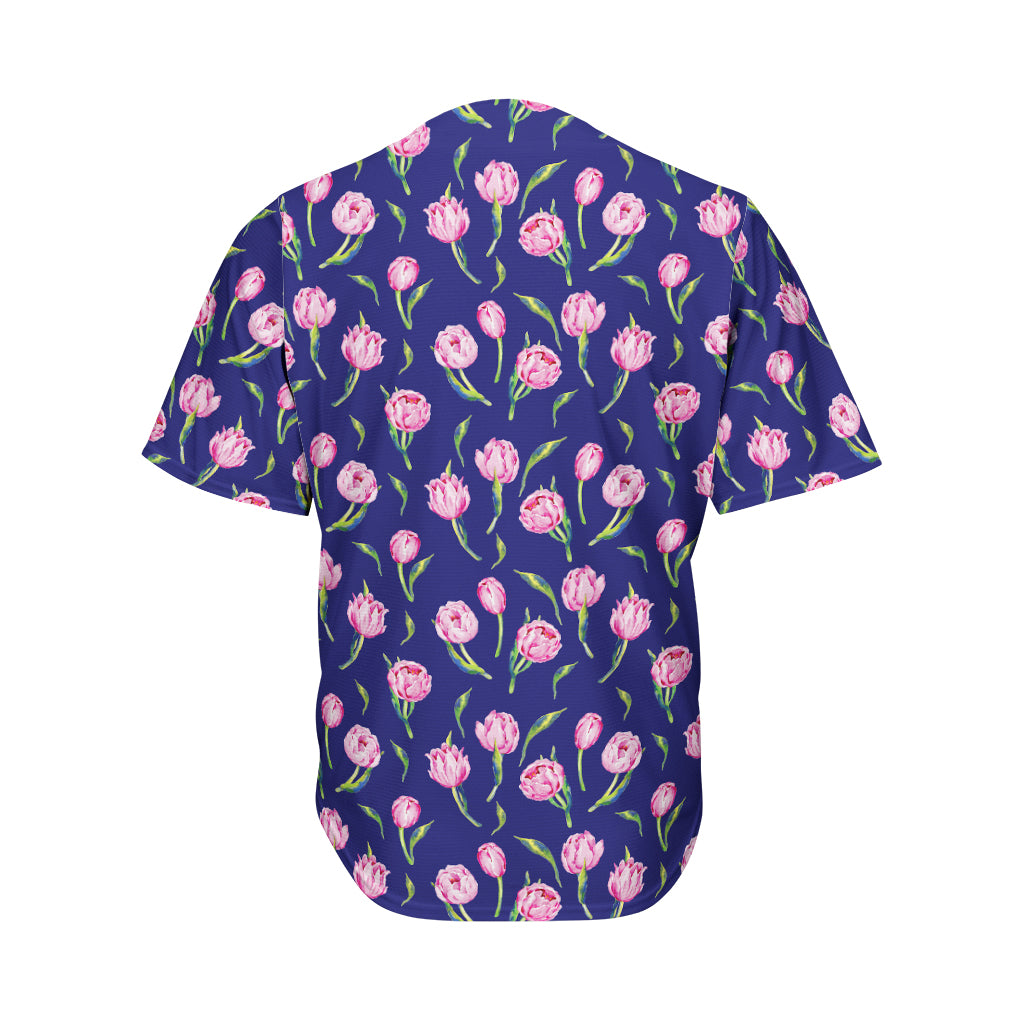 Pink Watercolor Tulip Flower Print Men's Baseball Jersey