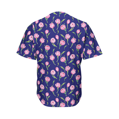 Pink Watercolor Tulip Flower Print Men's Baseball Jersey