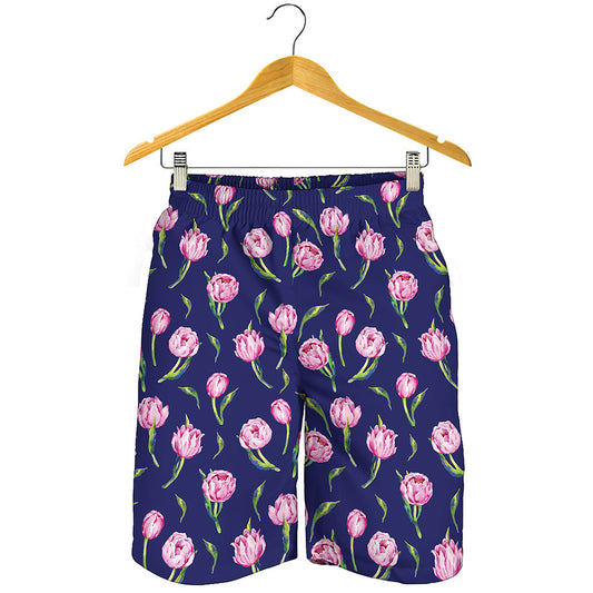 Pink Watercolor Tulip Flower Print Men's Shorts
